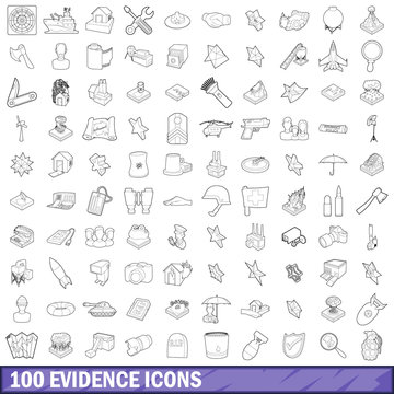 100 evidence icons set, outline style
