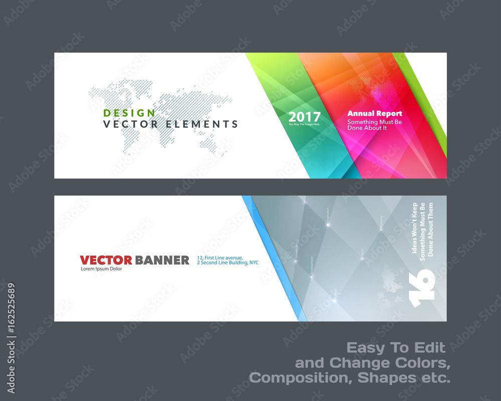Wall mural abstract vector set of modern horizontal website banners with colourful diagonal triangular shapes