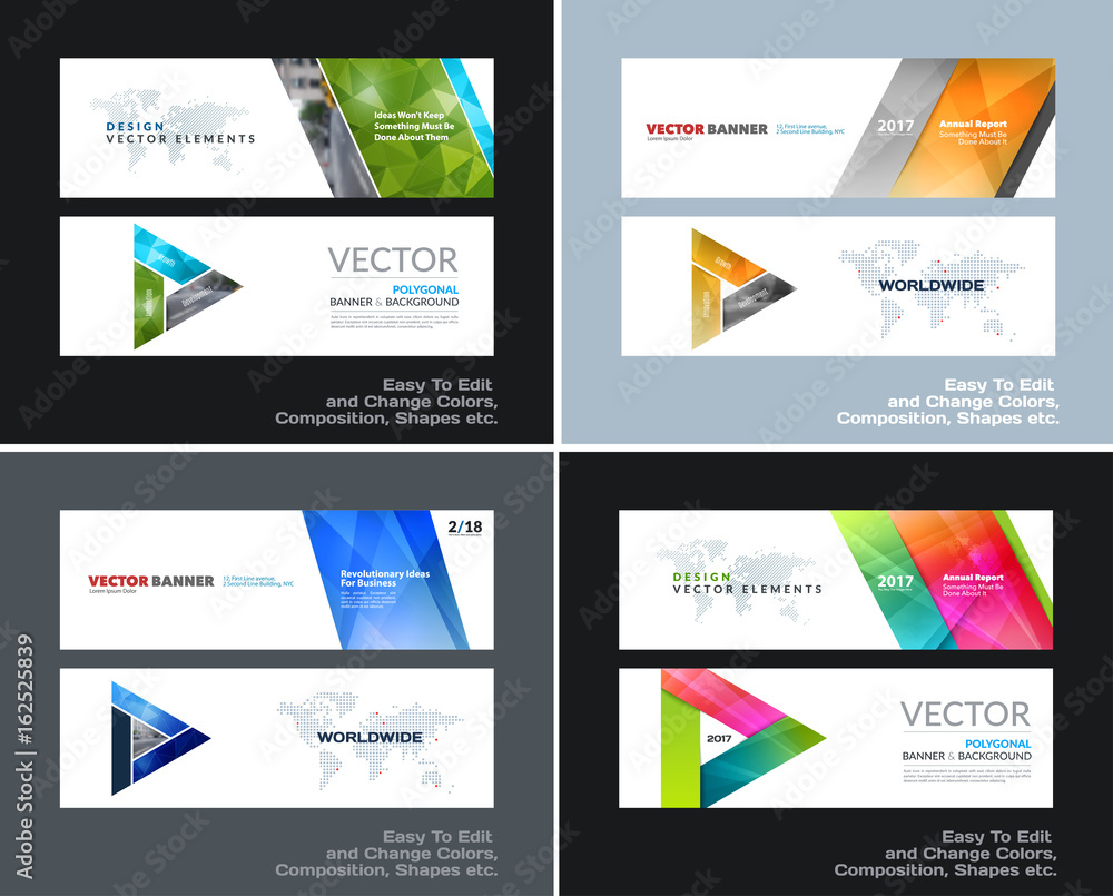 Wall mural abstract vector set of modern horizontal website banners with colourful diagonal triangular shapes