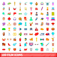 100 film icons set, cartoon style