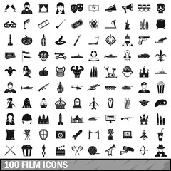 100 film icons set, simple style 
