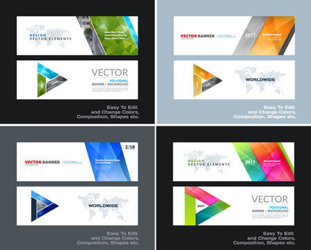 Abstract vector set of modern horizontal website banners with colourful diagonal triangular shapes