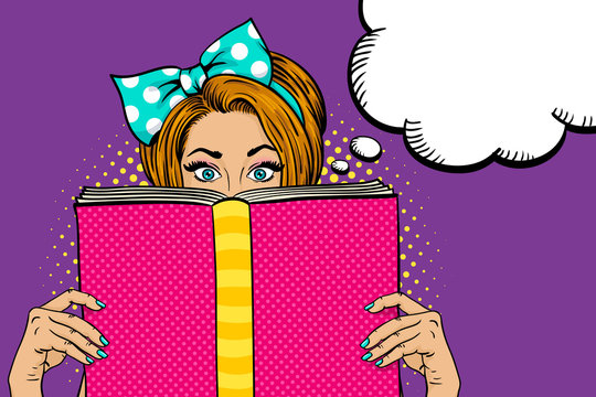 Wow female face. Sexy young woman housewife with wide open eyes and bow on her head holding big pink book. Vector colorful background in pop art retro comic style. Party invitation poster.