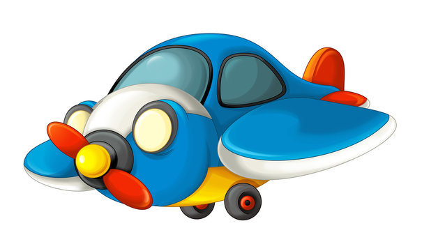 cartoon happy traditional plane with propeller flying