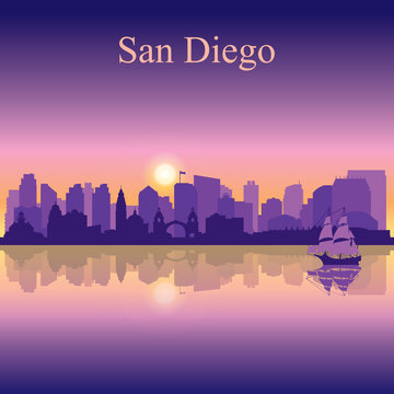 San Diego silhouette on sunset background