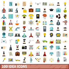 100 idea icons set, flat style