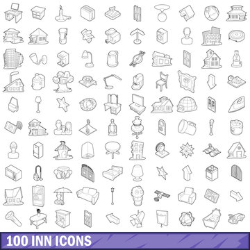 100 inn icons set, outline style