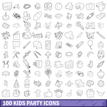 100 kids party icons set, outline style