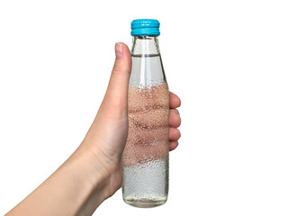 Glass bottle with clean drinking water keeps . Isolated on white background