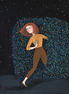 Illustration of a girl going through a bush