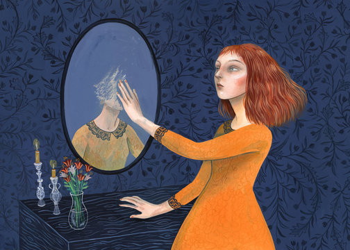 Woman erasing her reflection from the mirror