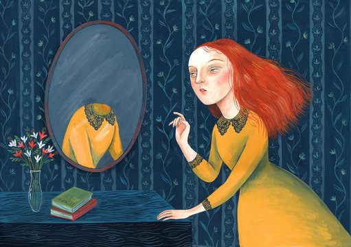 Girl looking at her missing reflection on a mirror