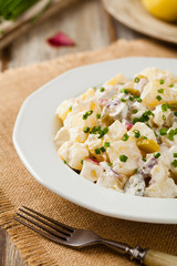 Traditional German potato salad with cucumber, onion and mayonnaise.