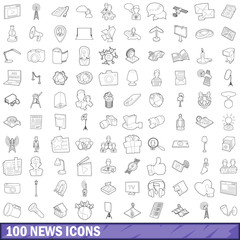 100 news icons set, outline style