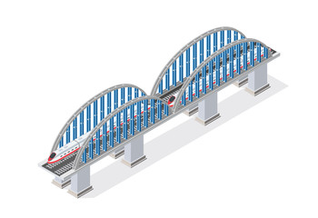 Railroad isometric bridge with railway and high-speed train by locomotive. Elements of urban transport transportation infrastructure