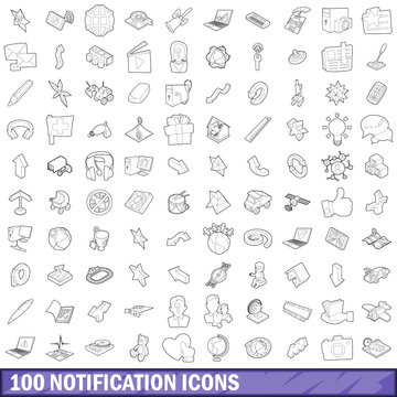 100 notification icons set, outline style © ylivdesign
