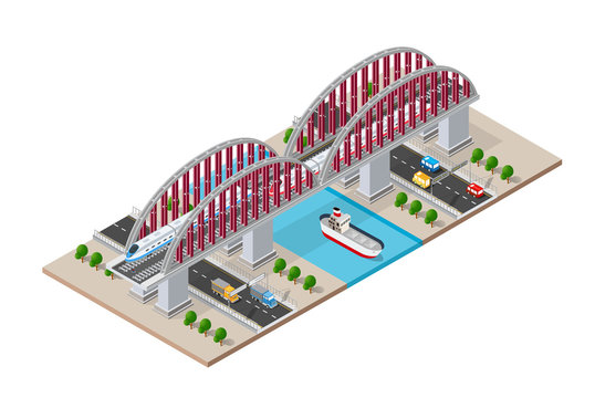 Railroad isometric bridge with railway and high-speed train by locomotive. Elements of urban transport transportation infrastructure