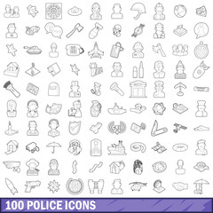 100 police icons set, outline style