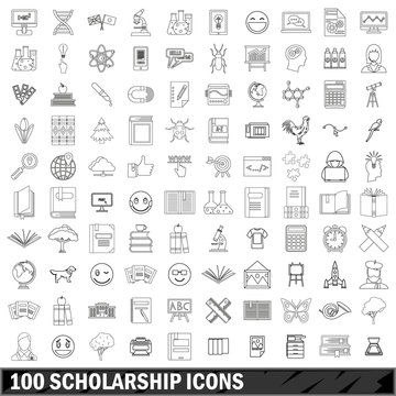 100 scholarship icons set, outline style