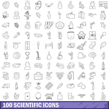 100 scientific icons set, outline style