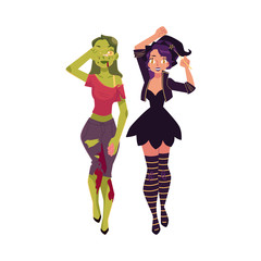 Two pretty girls, women dressed for Halloween - as witch and zombie, cartoon vector illustration isolated on white background. Two women, girls dressed as witch and zombie, Halloween party costumes