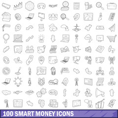 100 smart money icons set, outline style