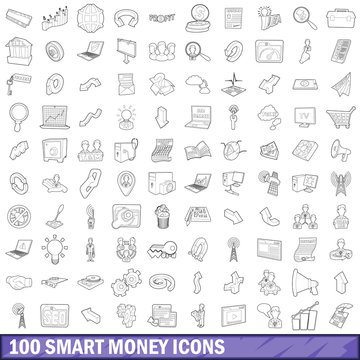 100 smart money icons set, outline style