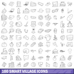 100 smart village icons set, outline style