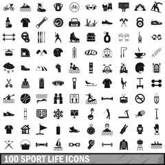 100 sport life icons set, simple style 