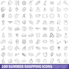 100 summer shopping icons set, outline style