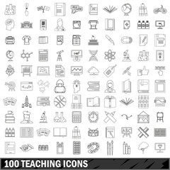 100 teaching icons set, outline style