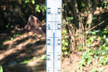 Ein Überdimensionales Quecksilber Thermometer im Garten steht in praller Sonne