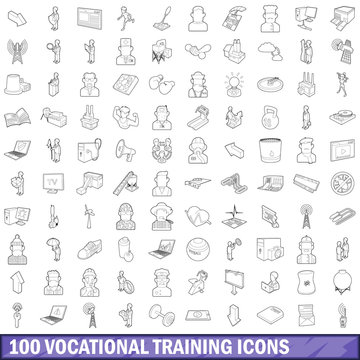 100 Vocational Training Icons Set, Outline Style