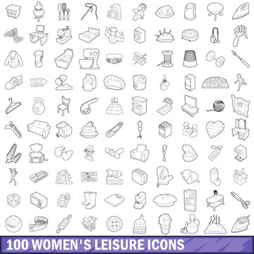 100 women leisure icons set, outline style