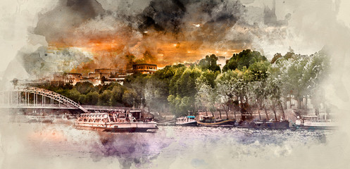 PARIS, FRANCE - JUNE 14, 2011: Paris Attractions. Sights. Urban landscape. River Seine at sunset
