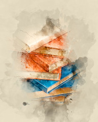 Stack of books. Watercolor background