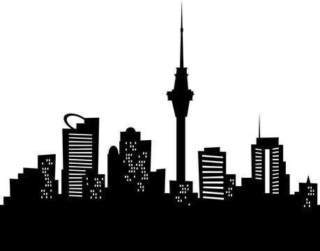 Cartoon Skyline Silhouette Of The City Of Auckland, New Zealand.