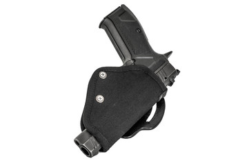 Handgun in the nylon holster. Isolated