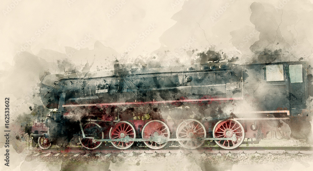 Wall mural old steam locomotives of the 20th century. watercolor background