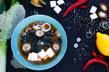 Fototapeta na wymiar Miso soup with shrimps, mushrooms and tofu. Japanese food