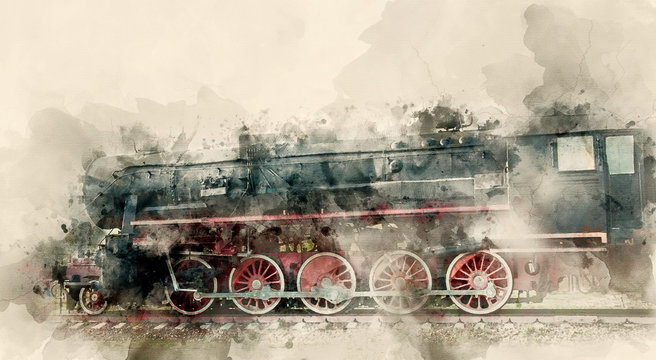 Fototapeta Old steam locomotives of the 20th century. Watercolor background