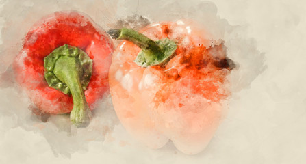 Fresh orange and red peppers. Watercolor background