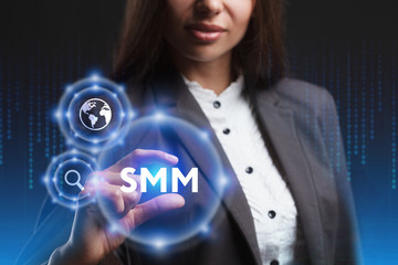 The concept of business, technology, the Internet and the network. A young entrepreneur working on a virtual screen of the future and sees the inscription: SMM