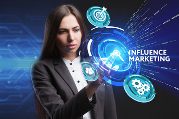 The concept of business, technology, the Internet and the network. A young entrepreneur working on a virtual screen of the future and sees the inscription: Influence marketing