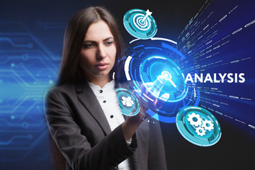The concept of business, technology, the Internet and the network. A young entrepreneur working on a virtual screen of the future and sees the inscription: Analysis