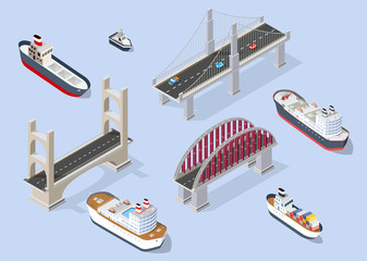 Obraz premium Cruise boat and naval ships nautical transport on the sea for travel vacation tourism illustration. Isometric set of transportation objects