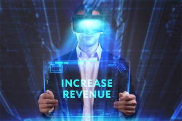 Business, Technology, Internet and network concept. Young businessman working in virtual reality glasses sees the inscription: Increase revenue