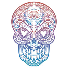 Colorful mexican decorative skull tattoo on white background. Vector illustration