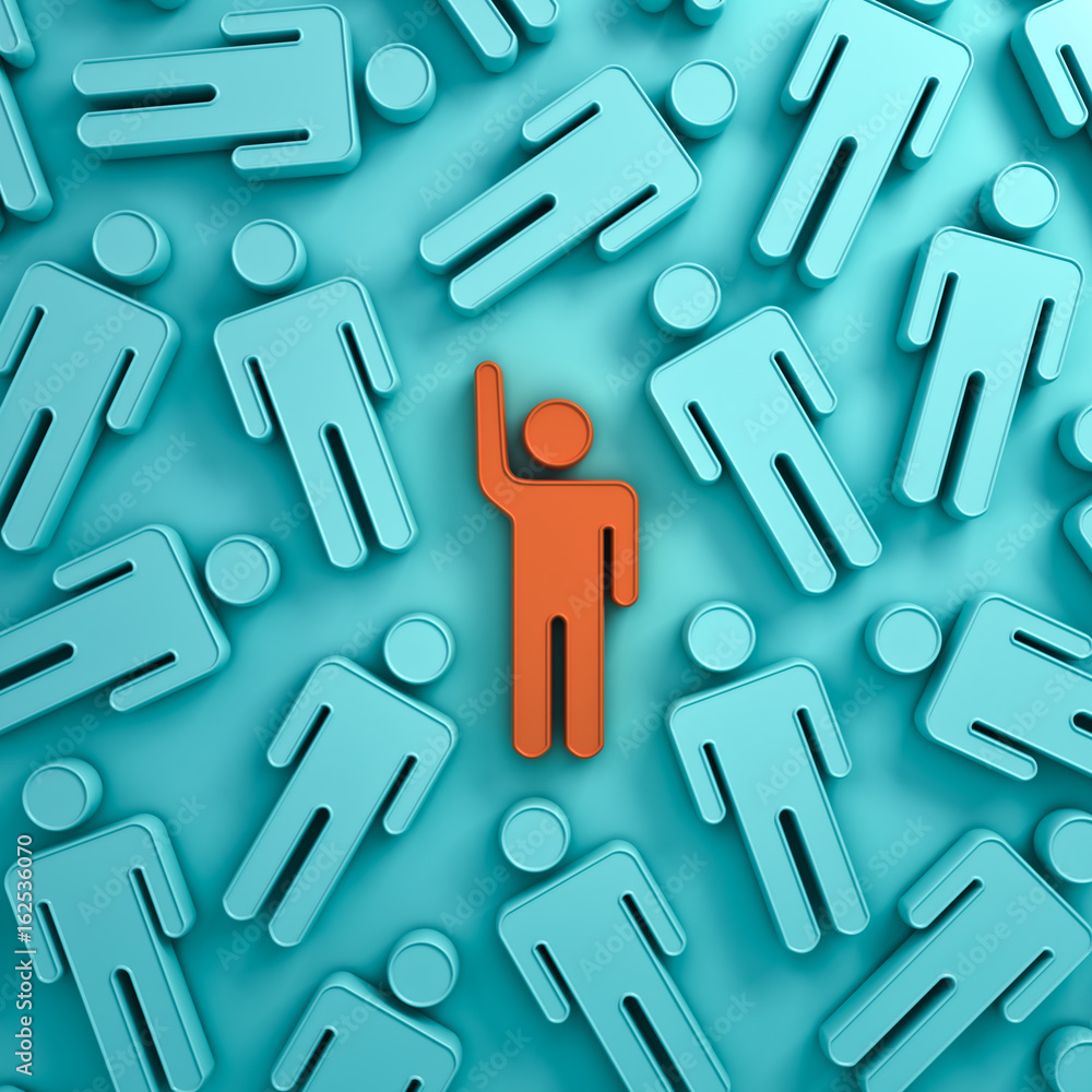 Poster stand out from the crowd and different creative idea concepts , one orange man raising his hand amon