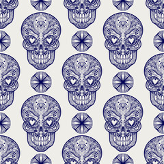 Mexican sugar skull and diamonds seamless pattern, vector illustration